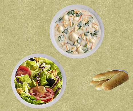 Olive Garden Creamy Chicken and Gnocchi Soup, Salad and Breadsticks